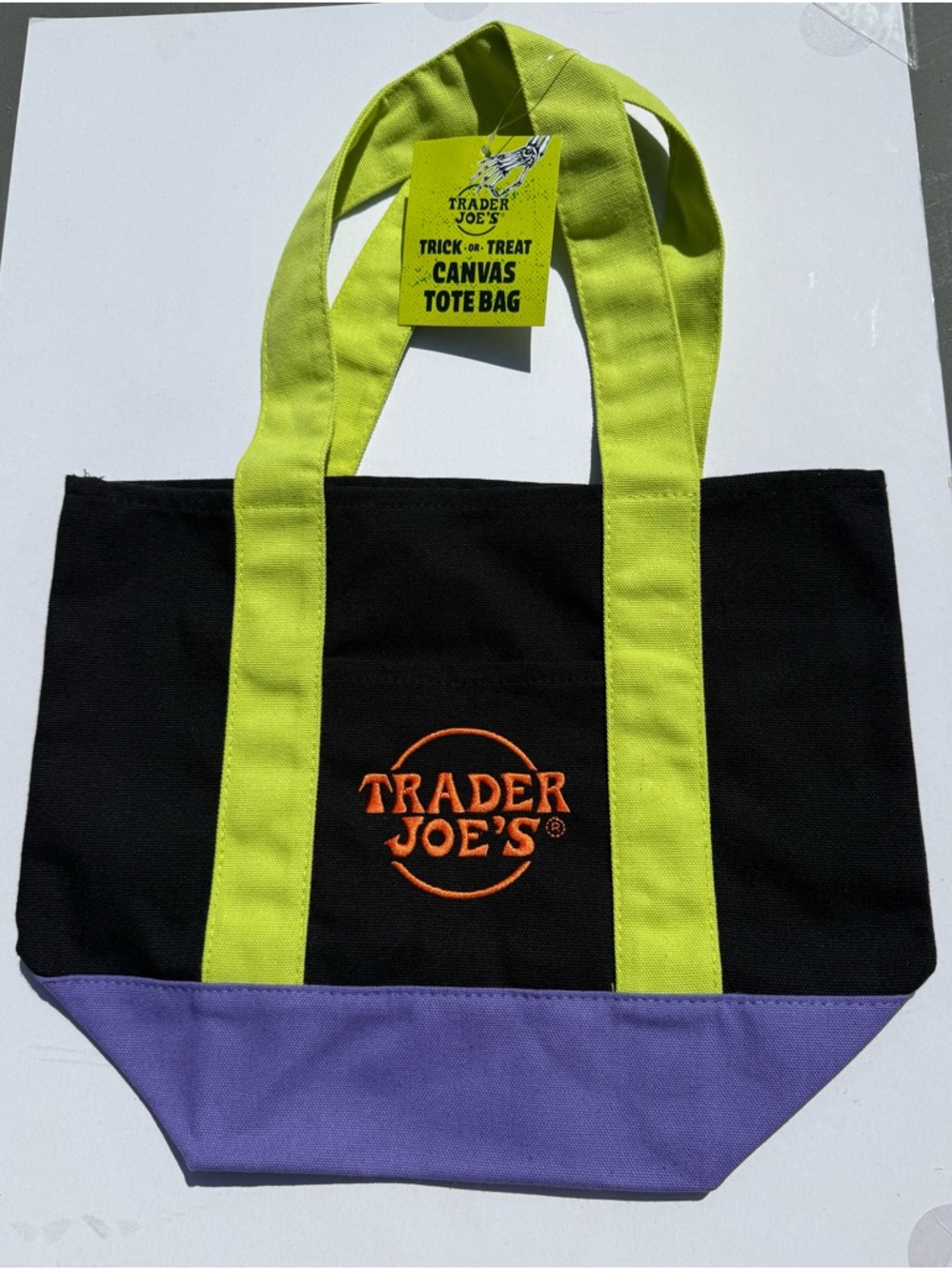 Trader Joe's Black Canvas Tote with Lime Handles and Purple Base